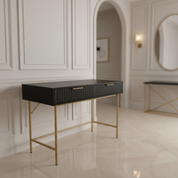 Table console à 2 tiroirs en bois noir faite à la main avec poignées dorées, 1 pièce