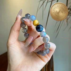 Bracciale con perle a sfera in quarzo naturale e <span class=keywords><strong>occhio</strong></span> <span class=keywords><strong>di</strong></span> <span class=keywords><strong>tigre</strong></span> blu-oro - Gioiello elegante unisex per protezione e ricchezza, regalo per lui e per lei FJYA - Product Image 5
