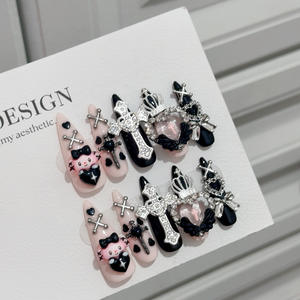 <span class=keywords><strong>Uñas</strong></span> postizas rosas y negras con diseño de ataúd, <span class=keywords><strong>uñas</strong></span> artificiales bonitas y dulces de dibujos animados hechas a mano, <span class=keywords><strong>uñas</strong></span> a presión con cruz - Product Image 3