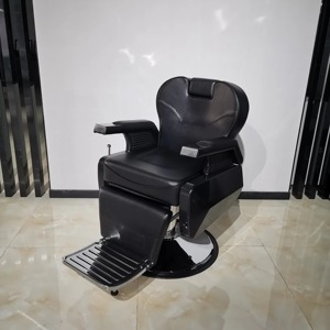 Contemporary Black Faux Leather Barber <b>Chair</b> <b>with</b> Adjustable <b>Footrest</b> and Hydraulic Pump Reclining Salon Furniture - Product Image 1