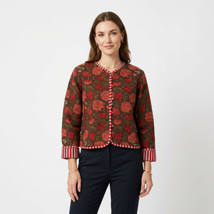 Wholesale Indian Handmade Knitted Quilted Organic Cotton Block Printed Stripe Jacket Floral Details Breathable Winter - Product Image 1