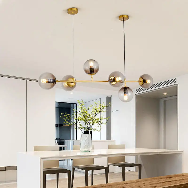 Modern Gold Led Minimalist Chandelier Decorative Indoor Smoky Grey Glass Ball Suspension Light Pendant Lamp With LED Bulb