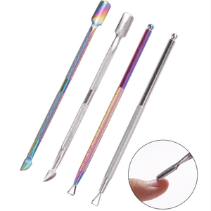 Poussoir à cuticules double face en acier inoxydable, outil de manucure professionnel, <span class=keywords><strong>prix</strong></span> d'usine, pour gel et cuticules, finition arc-en-ciel - Product Image 1