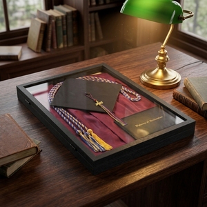 Cadre de présentation en bois tendance 2026 pour toque, robe de remise de diplôme, étole et cordons de remise de diplôme, avec épingles et matériel de suspension - Product Image 1