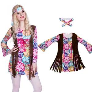 Großhandel Frieden und Liebe Retro-Stil Frauen Hippie-Kostüm mit Weste Quaste Kleid und Kopf gürtel gesetzt