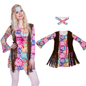 Costume <span class=keywords><strong>hippie</strong></span> <span class=keywords><strong>de</strong></span> style rétro pour femmes, avec gilet, robe à franges et ceinture <span class=keywords><strong>de</strong></span> tête, vente en gros - Product Image 1