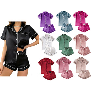 Conjuntos de <span class=keywords><strong>Pijamas</strong></span> de Dos Piezas con Cuello, Transpirables y Suaves, Ropa de Dormir Elegante de Satén en Varios Colores para Todas las Temporadas, Venta al Por Mayor - Product Image 1