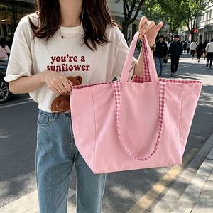 Plaid Double Sided Canvas Tote <b>Pink</b> Reversible Shoulder Bag With Dual Handles - Product Image 1