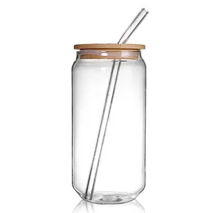Vasos de vidrio de alta borosilicato, vasos de vidrio con forma de lata de cerveza, taza de café con pajita de bambú, gran oferta