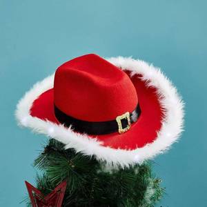 Chapeau de Cowboy Western de Noël pour adultes Lumière rouge avec plumes Ceinture de père Noël pour les fêtes décontractées Chapeaux de fête - Product Image 5