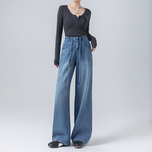 Jeans non élastiques pour femmes, nouvelle collection automne 2026, pantalon taille haute à cordon de serrage, coupe droite, pantalon ample à jambes larges pour femmes - Product Image 1