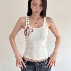 Sweet Girl Ribbed Knit Tank Top Colorful Button Design Slim Fit Stretch Sleeveless Versatile Summer Top for Women - Product Image 5