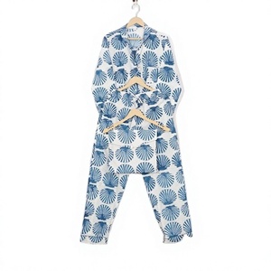 Ensemble de pyjama vintage pour femmes 100% coton, imprimé bleu coquillage, manches longues, coupe régulière, col rabattu, respirant, décontracté, été - Product Image 1