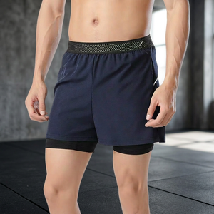 Men's Double <b>Layer</b> Gym Shorts High Street Style <b>Mid</b> Waist Quick Dry Breathable Active Wear Solid Color Drawstring Closure - Product Image 3