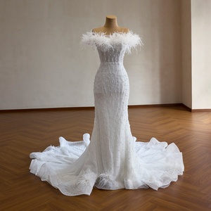 Vestido de Novia <span class=keywords><strong>Sirena</strong></span> con Adornos de Plumas de Avestruz y Lentejuelas de Perlas Rsm261105, Magnífico Vestido Blanco con Cola Circular Adornada Jancemebr - Product Image 1