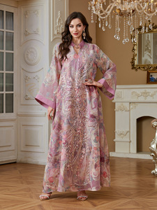 Abbigliamento Tradizionale Musulmano, Elegante Abaya di Dubai in Poliestere, Vestito Islamico di Lusso con Ricami e Paillettes - Product Image 2