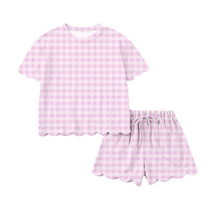 GSSO3181 Conjunto de Ropa Infantil Personalizado al por Mayor para Niña Pequeña, Estampado a Cuadros Morados, Verano, Manga Corta - Product Image 3