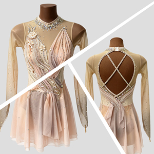 Costume de danse sur glace/figurine en spandex/polyester à manches longues, imprimé pailleté rose nude personnalisé avec strass, pour filles et femmes - Product Image 2