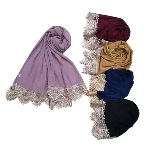 Sciarpa Hijab in pizzo ricamato donna fascia in Chiffon tinta unita scialle avvolgente con copricapo islamico femminile