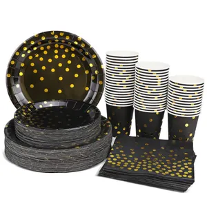 Platos de papel desechables para fiestas, juego de vajilla de lunares dorados, color negro y dorado, 300 Uds.