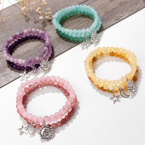 אבן חן טבעית 8 מ "מ חרוזים צמיד אופנתי לנשים עם תליון שמש עיצוב סט צמיד אבן טבעית אלסטי - Product Image 1