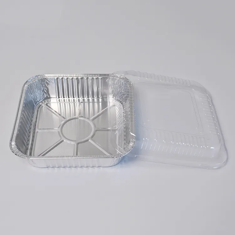 Contenedores cuadrados de aluminio para alimentos, bandeja de papel de aluminio desechable con tapas de plástico, 8x8 pulgadas