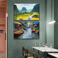 Peinture décorative sur toile huilée à jet d'encre de style thaïlandais d'Asie du Sud-Est, encadrée de noir, pour restaurant, salle à manger, à suspendre, style thaï.