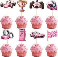 Décorations de gâteau pour fête prénatale et anniversaire : Toppers de cupcakes voiture de course rose, drapeau à carreaux, roue, trophée, casque