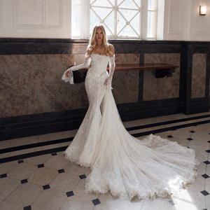 Abito da sposa a sirena 2 in 1 con spalle scoperte, maniche a campana, corsetto trasparente, pizzo floreale 3D, taglie forti, personalizzabile, all'ingrosso - Product Image 6