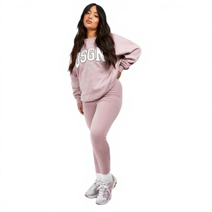 <b>Women</b> Plus Size Pink Tracksuit <b>Set</b> Crew Neck Sweatshirt Leggings Full Length Casual Autumn Wear Spandex Cotton Material - Product Image 1