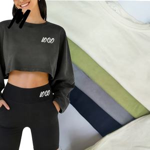 Felpa Pullover OEM all'Ingrosso a Tinta Unita Girocollo Corta con Ricamo Personalizzato per Donna - Product Image 1
