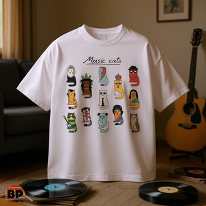 Maglietta unisex in cotone pesante con motivo Music Cats, regalo per amanti dei gatti, maglietta a tema musicale, divertente t-shirt, abbigliamento con animali, design unico, abbigliamento casual - Product Image 3