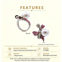 Bague Nœud Papillon en Cuivre Plaqué Or Blanc avec Strass Rose, Bijou Tendance pour Femme, Idéal Cadeau de Fête