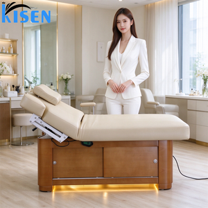 Cama de belleza eléctrica moderna Kisen con respaldo de piernas ajustable, mesa de masaje facial con marco de madera para salón de belleza - Product Image 1