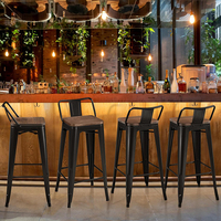 Chaise de bar industrielle vintage avec dossier en métal, siège carré en bois, tabouret de comptoir empilable en fer pour bistrot, pub, îlot de cuisine
