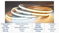 Bande LED COB à double blanc 3000K+6000K, effet d'eau courante pixelisée, 24V, adressable, à flux continu, IP20, Wi-Fi, pour paysage, effet de poursuite de chevaux