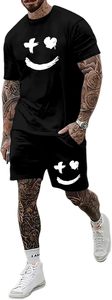 Conjunto de camiseta y pantalones cortos para <span class=keywords><strong>hombre</strong></span>, chándal de <span class=keywords><strong>verano</strong></span> de 2 piezas, ropa de calle, divertido estampado de cara sonriente, cómodo traje deportivo para correr - Product Image 4