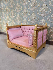 Cama de Lujo para Perros de Madera Maciza Tallada en Oro Antiguo OE-FASHION, Sofá para Mascotas de Terciopelo Rosa Real para Proyectos de Villas - Product Image 5