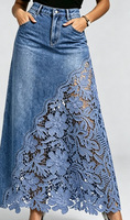 Jupe longue en jean taille haute à patchwork floral en dentelle pour femme, style bohème, coupe trapèze, chic, streetwear, vente en gros de vêtements