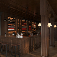 Comptoir de bar en bois massif sculpté en arc, style bois classique de luxe haut de gamme, avec cave à vin intégrée à température constante