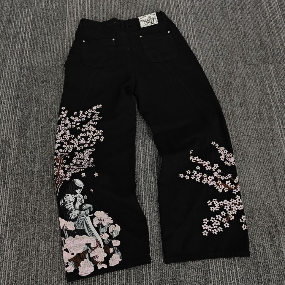 Men's Baggy Vintage Straight-Leg Acid-Washed Embroidered Jeans