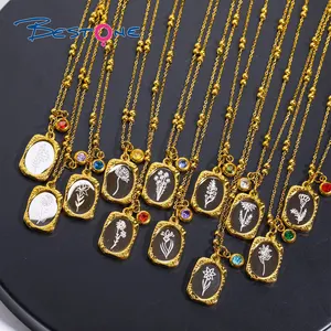 2024 Trendy Gold PlatedStainless Steel Square Magic Mirror Birthflower Pendant Birth Month Flower Necklace