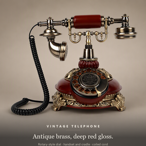 Téléphone de style européen vintage, combiné en laiton antique avec corps en bois, décoration de table - Product Image 1