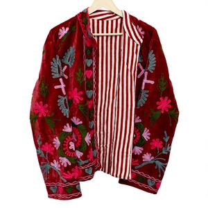 Red Velvet Embroidered Floral Open Front <b>Cardigan</b> Bohemian Style Mandarin Collar Three Quarter <b>Sleeve</b> Reversible Eco-Friendly - Product Image 1