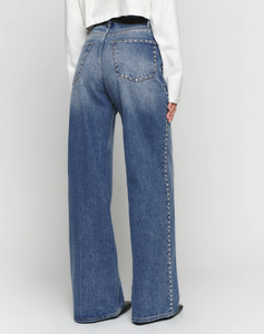 Jeans a Vita Alta Personalizzati con Borchie Argentate, <span class=keywords><strong>Denim</strong></span> Blu Lavato, Jeans a Gamba Larga per Donna - Product Image 2