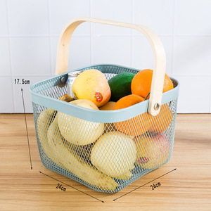 Cestino in Metallo Personalizzabile per Picnic, Frutta e Alimenti, Cesto Portatile in Rete Metallica per Verdure <span class=keywords><strong>con</strong></span> Manico in Legno - Product Image 4
