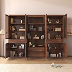 <b>Solid</b> <b>Wood</b> Walnut Bookshelf With Glass Doors Floor Standing Modern Study Room Display Cabinet <b>Bookcase</b> - Product Image 3