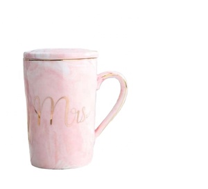 14oz Pink Grey Mr Mrs Souvenir Wedding Gift Couple Lover <b>Reusable</b> Ceramic Marble Coffee Tea Mug - Product Image 1