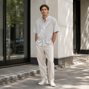 Chemises en lin pour hommes de qualité supérieure, personnalisées, <span class=keywords><strong>col</strong></span> <span class=keywords><strong>Mao</strong></span>, manches courtes, décontractées, respirantes, vente en gros TT - Product Image 3