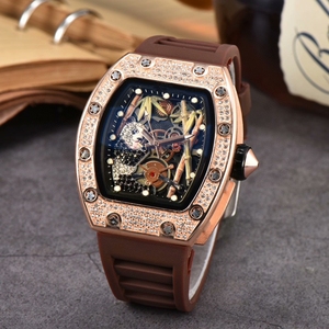 Montre mécanique automatique pour homme, cadran creux orné de diamants, lunette en or rose, bracelet en silicone, style sportif - Product Image 2
